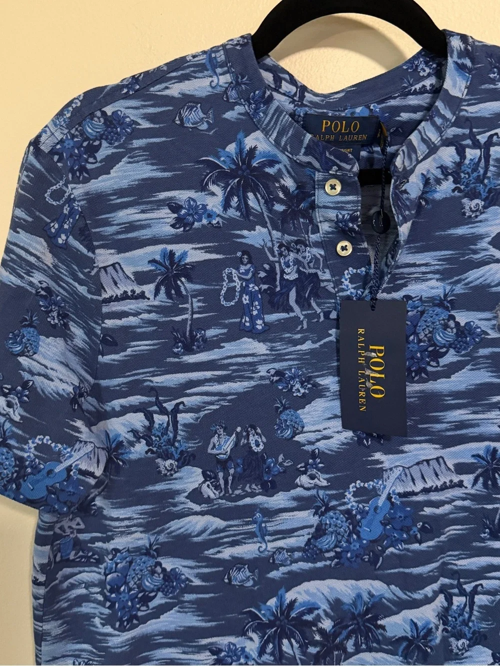 NWT Polo Ralph Lauren featherweight mesh blue hawaiian aloha collarless polo S
